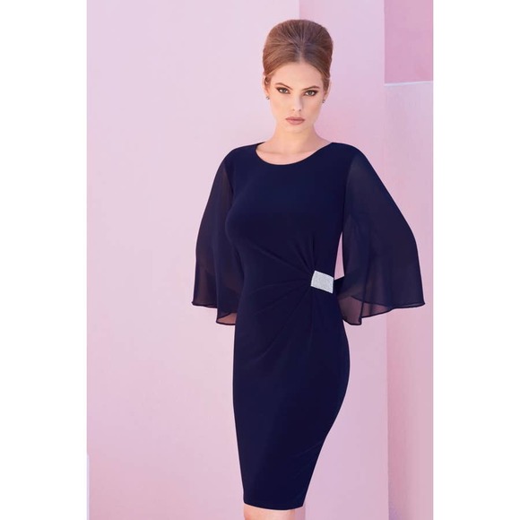 Joseph Ribkoff Womens Dress 10 Blue Sheath Butterfly Sleeves Ruched Rhinestones - Picture 8 of 14